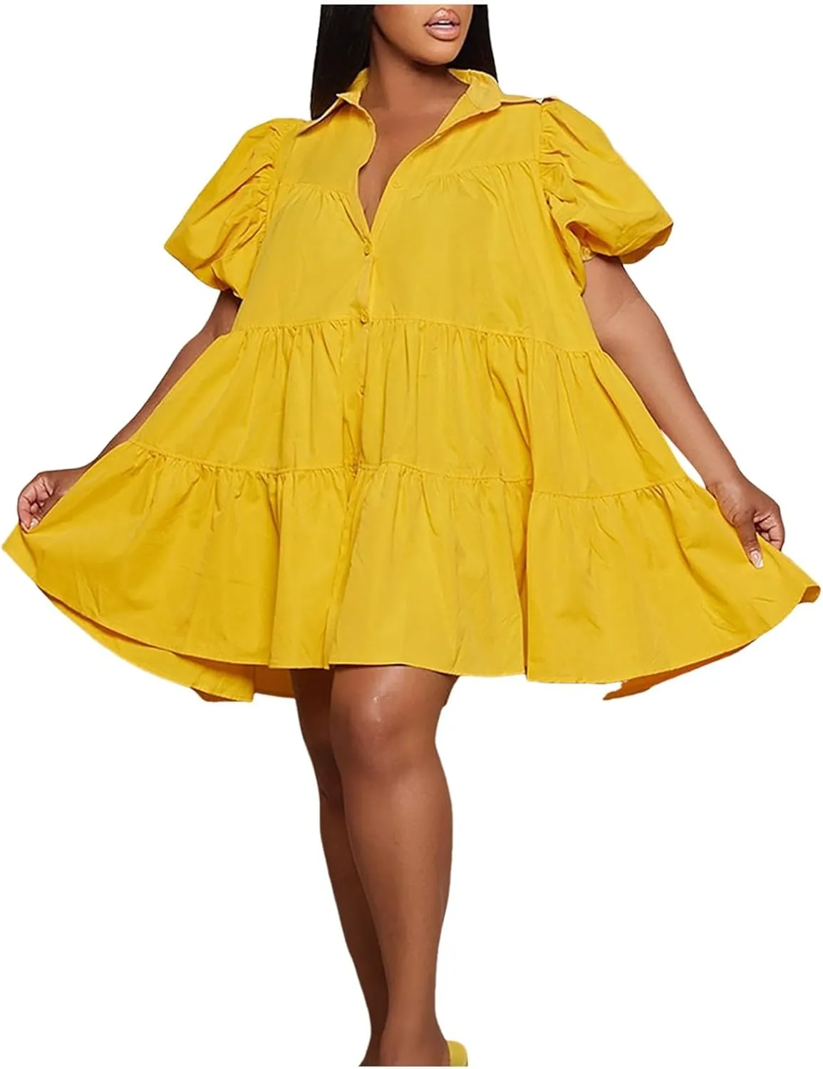 Women's Callor Button Down Puff Short Sleeve Ruffle Hem Loose Mini Dress Lined Midi Dress