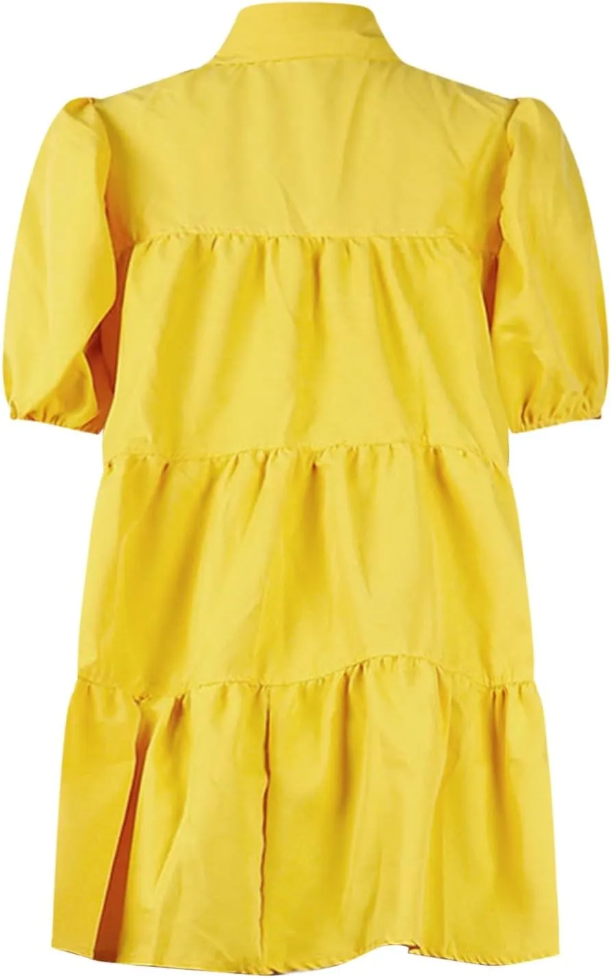 Women's Callor Button Down Puff Short Sleeve Ruffle Hem Loose Mini Dress Lined Midi Dress