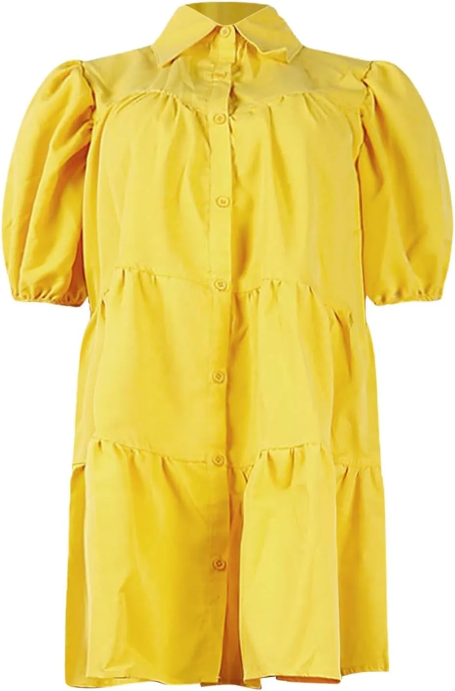 Women's Callor Button Down Puff Short Sleeve Ruffle Hem Loose Mini Dress Lined Midi Dress