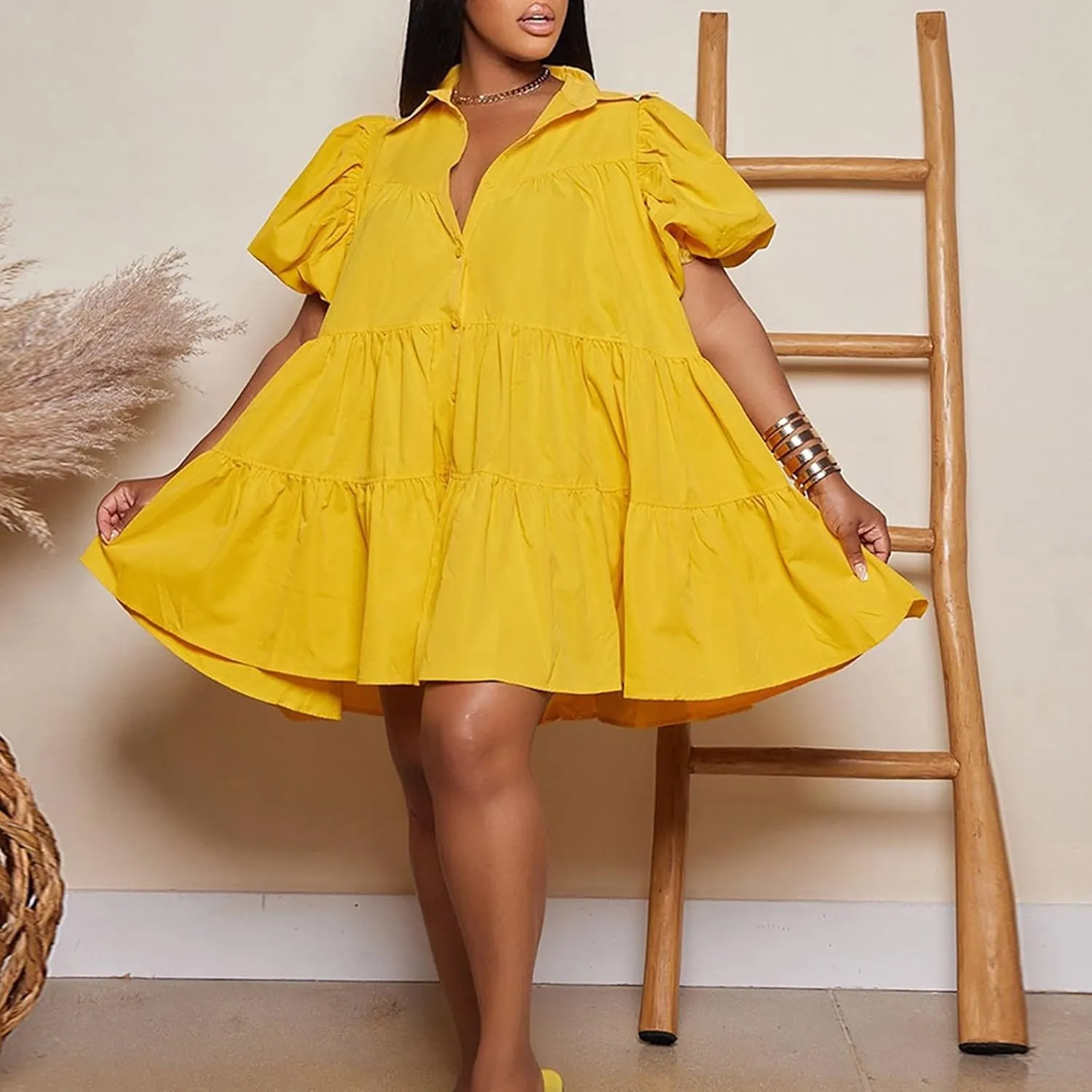 Women's Callor Button Down Puff Short Sleeve Ruffle Hem Loose Mini Dress Lined Midi Dress