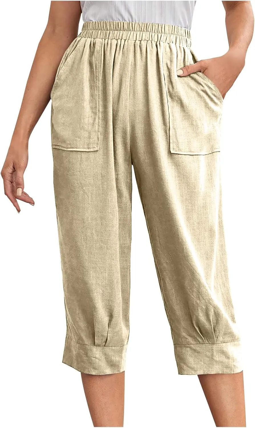 Womens Capri Pants Cotton Linen Loose Elastic High Waisted Lounge Pants Casual Palazzo Trousers with Pockets 2025