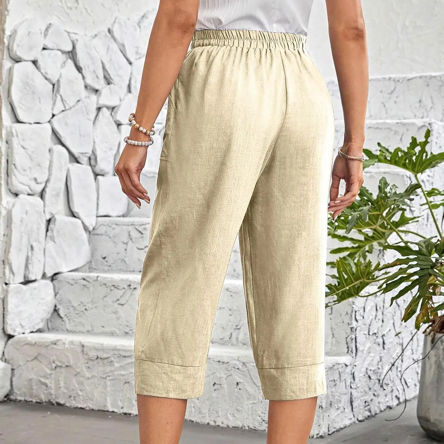 Womens Capri Pants Cotton Linen Loose Elastic High Waisted Lounge Pants Casual Palazzo Trousers with Pockets 2025