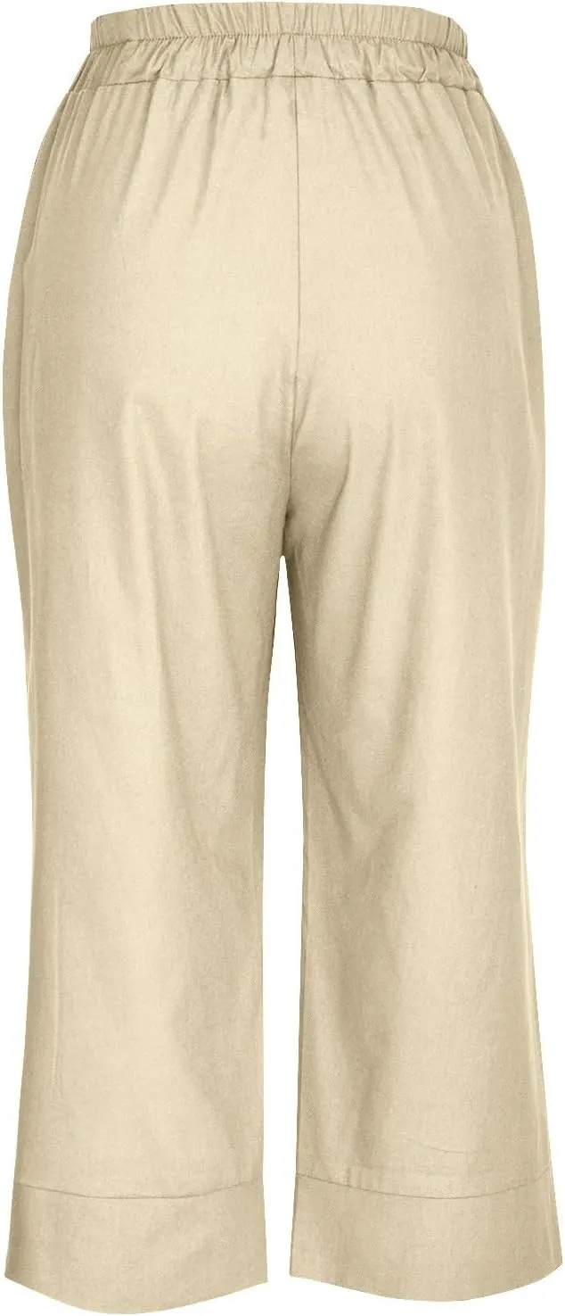 Womens Capri Pants Cotton Linen Loose Elastic High Waisted Lounge Pants Casual Palazzo Trousers with Pockets 2025