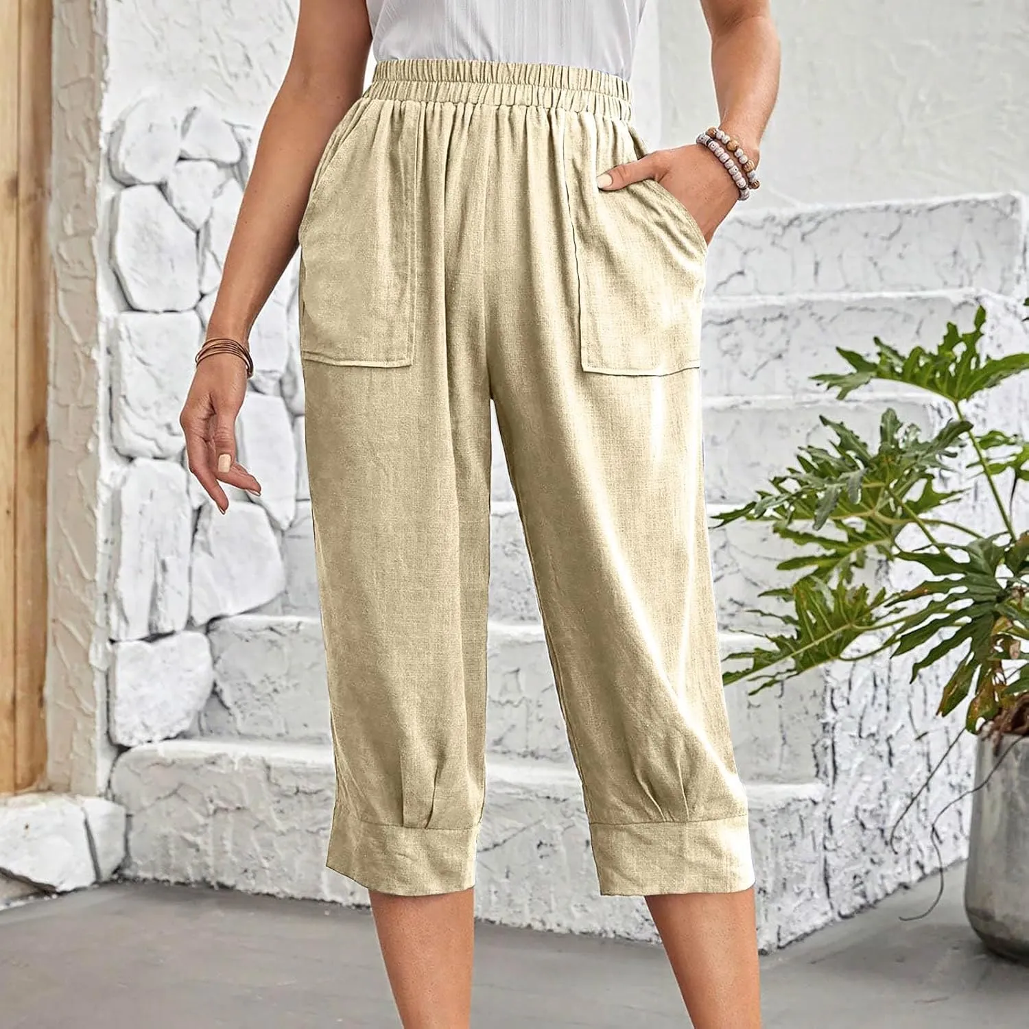 Womens Capri Pants Cotton Linen Loose Elastic High Waisted Lounge Pants Casual Palazzo Trousers with Pockets 2025