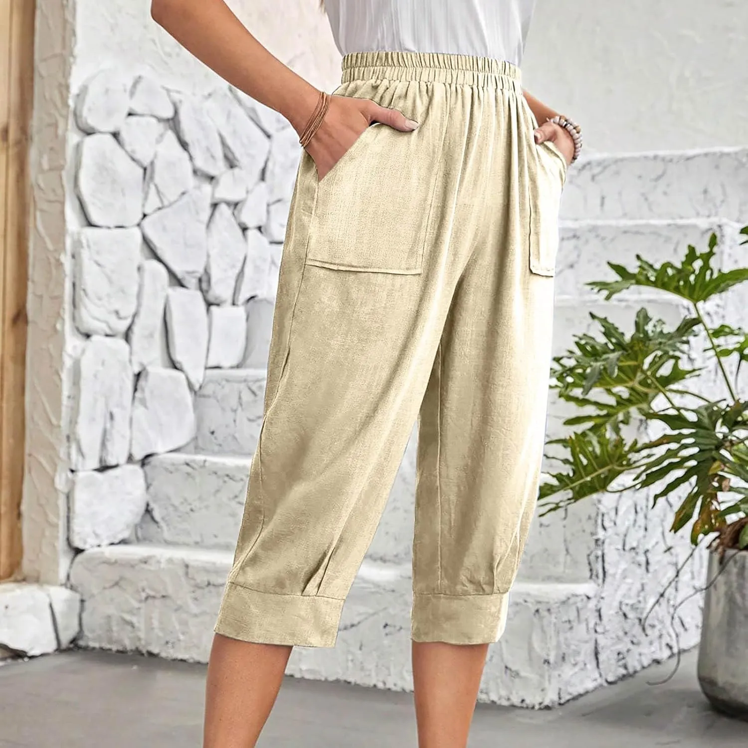 Womens Capri Pants Cotton Linen Loose Elastic High Waisted Lounge Pants Casual Palazzo Trousers with Pockets 2025