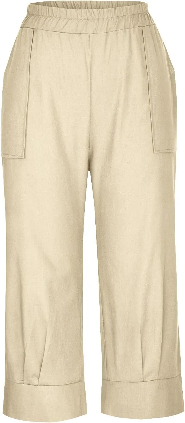 Womens Capri Pants Cotton Linen Loose Elastic High Waisted Lounge Pants Casual Palazzo Trousers with Pockets 2025