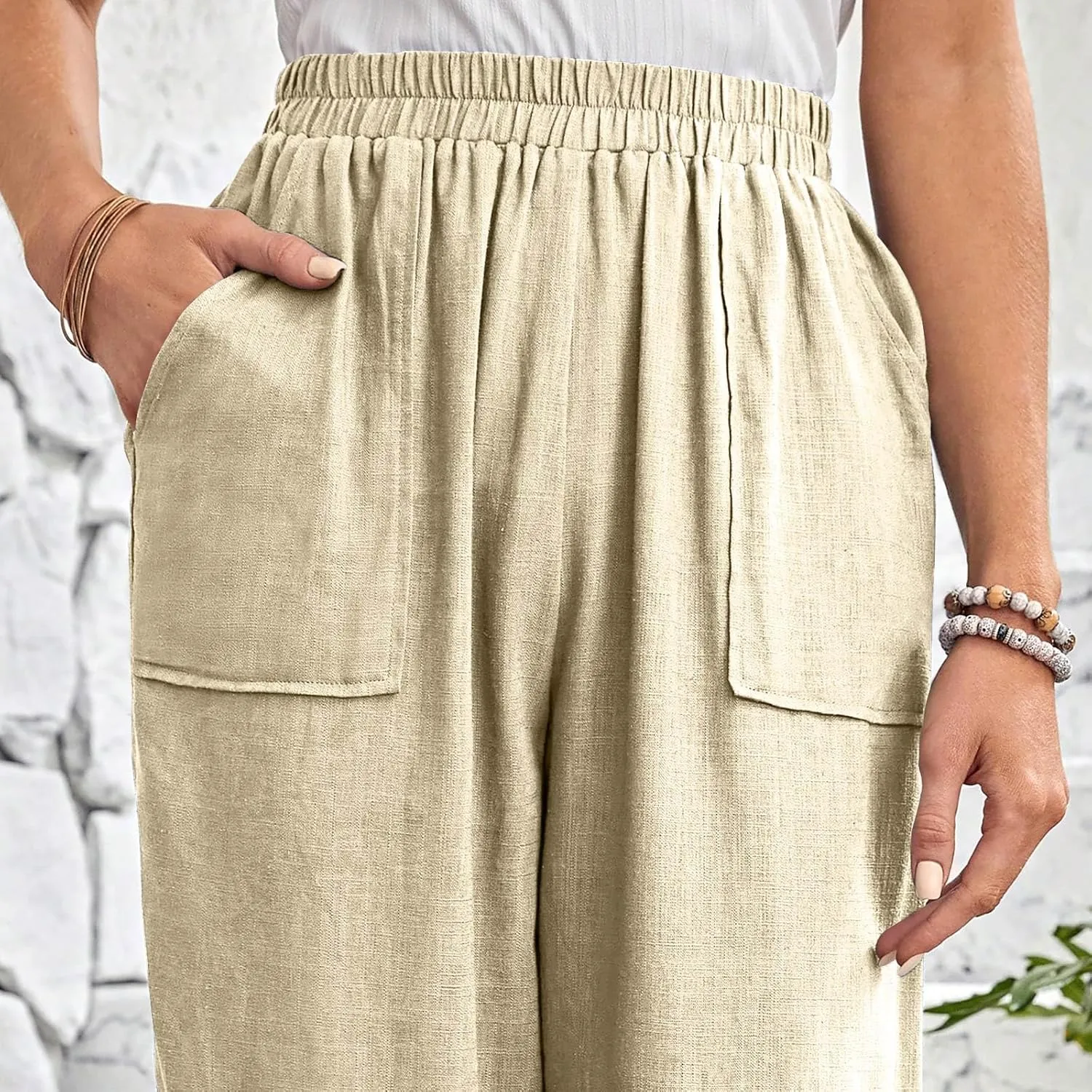 Womens Capri Pants Cotton Linen Loose Elastic High Waisted Lounge Pants Casual Palazzo Trousers with Pockets 2025