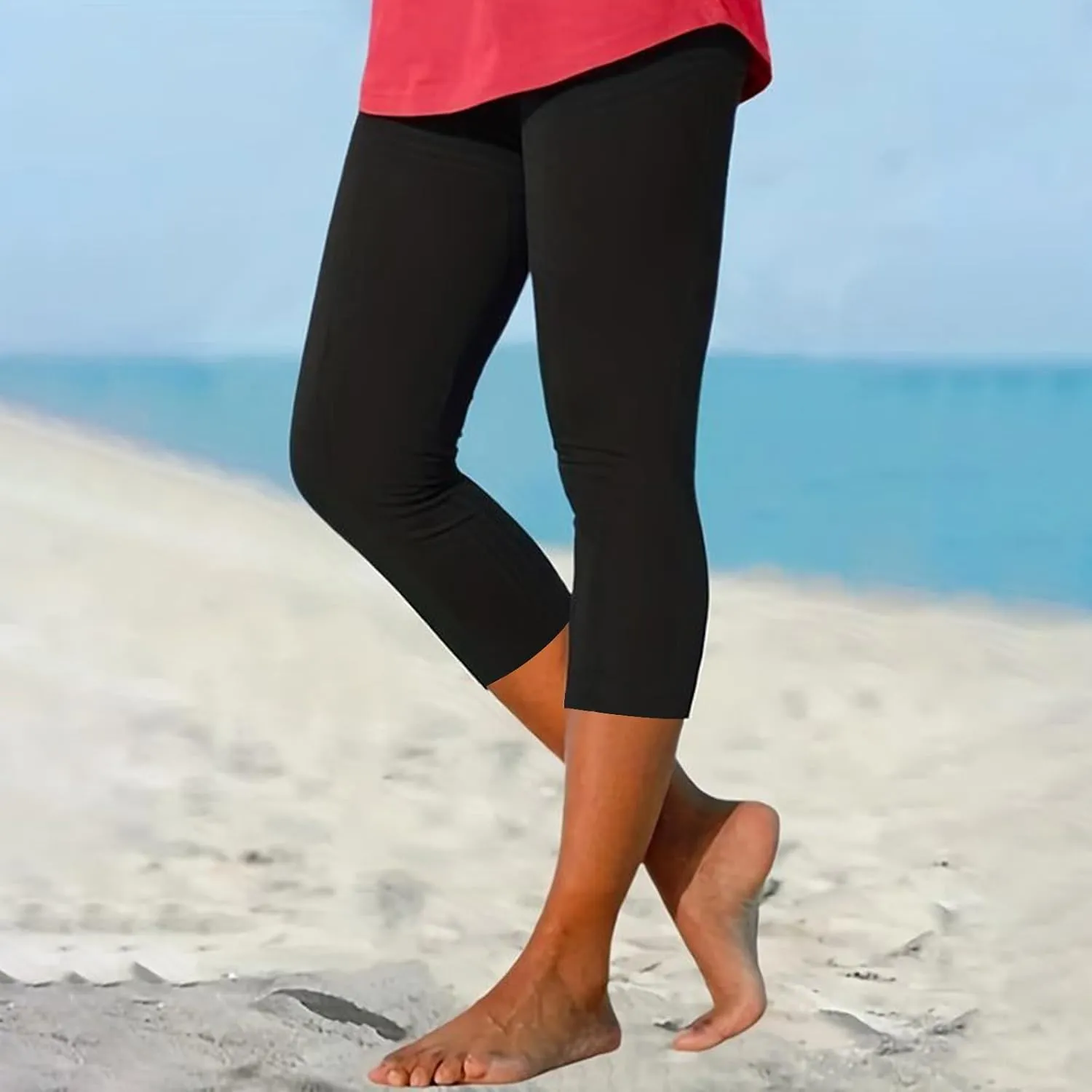 Women's Capri Yoga Pants Stretch High Waist Elastic Cropped Pants Resort Beach Leggings Casual Summer Pedal Pushers