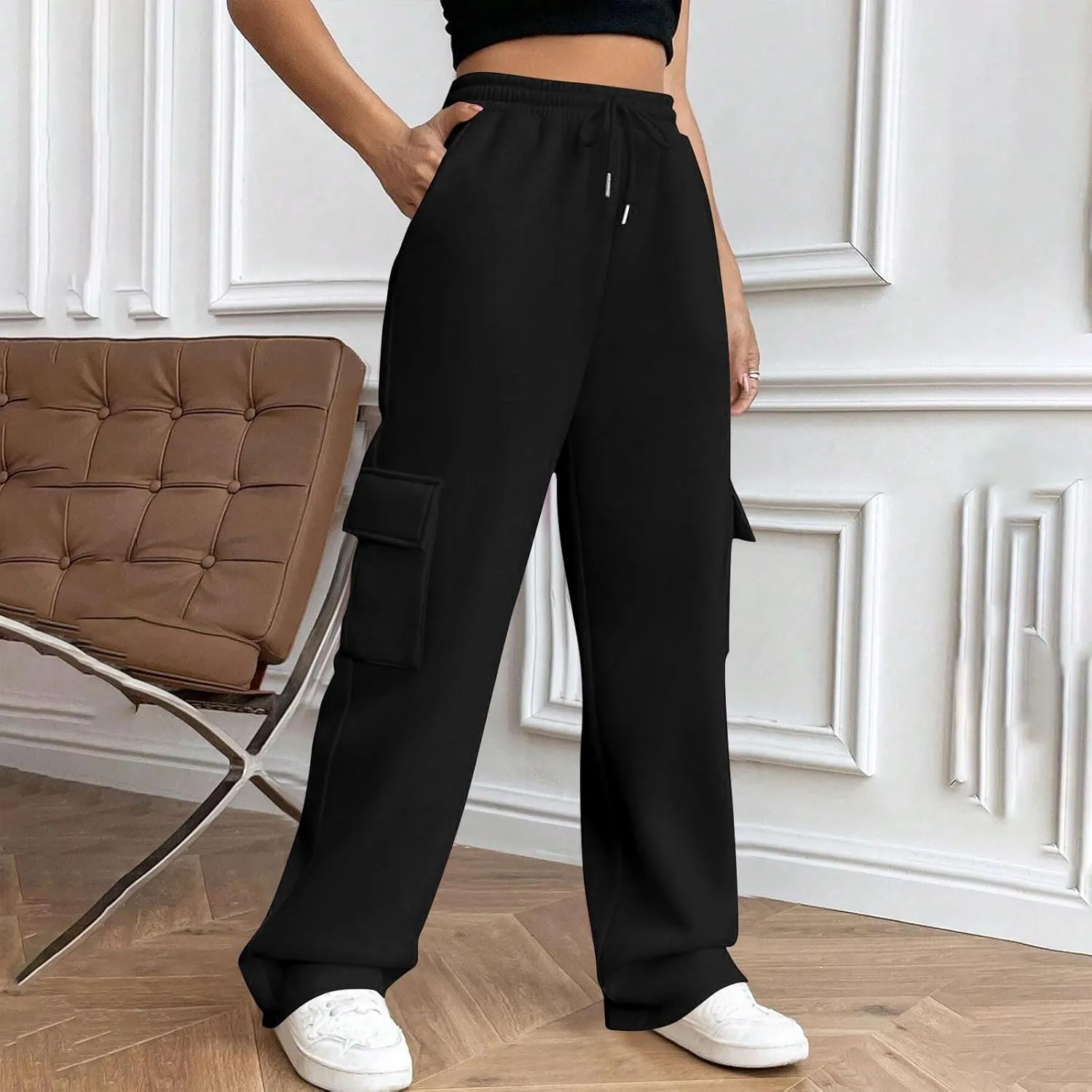 Womens Cargo Sweatpants Casual Baggy Fleece Trousers High Waisted Drawstring Joggers Pants with Pockets