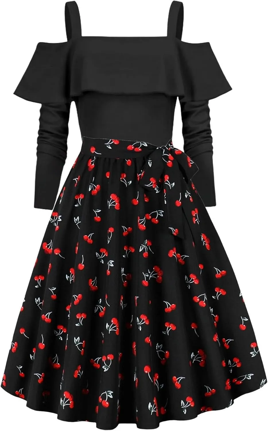 Women's Casual Dresses Womens Long Sleeve Dress A-Line Off Shoulder Pleated A-Line Flowy Tie Waist Mini Dress