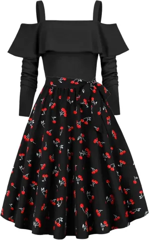 Women's Casual Dresses Womens Long Sleeve Dress A-Line Off Shoulder Pleated A-Line Flowy Tie Waist Mini Dress