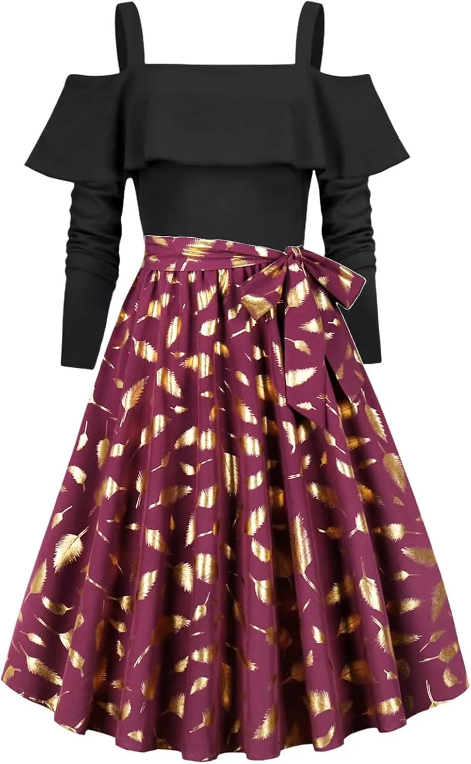 Women's Casual Dresses Womens Long Sleeve Dress A-Line Off Shoulder Pleated A-Line Flowy Tie Waist Mini Dress