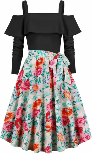 Women's Casual Dresses Womens Long Sleeve Dress Flowy 1950s Off Shoulder Floral Pleated Square Neck Mini Dress