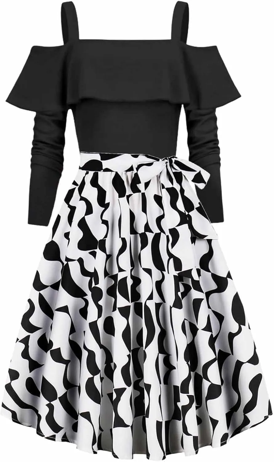 Women's Casual Dresses Womens Long Sleeve Dress Flowy 1950s Off Shoulder Floral Pleated Square Neck Mini Dress