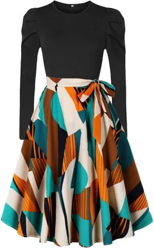 Women's Casual Dresses Womens Long Sleeve Dress Flowy Swing Pleated Boho Tie Waist A-Line Ruffle Mini Dresses