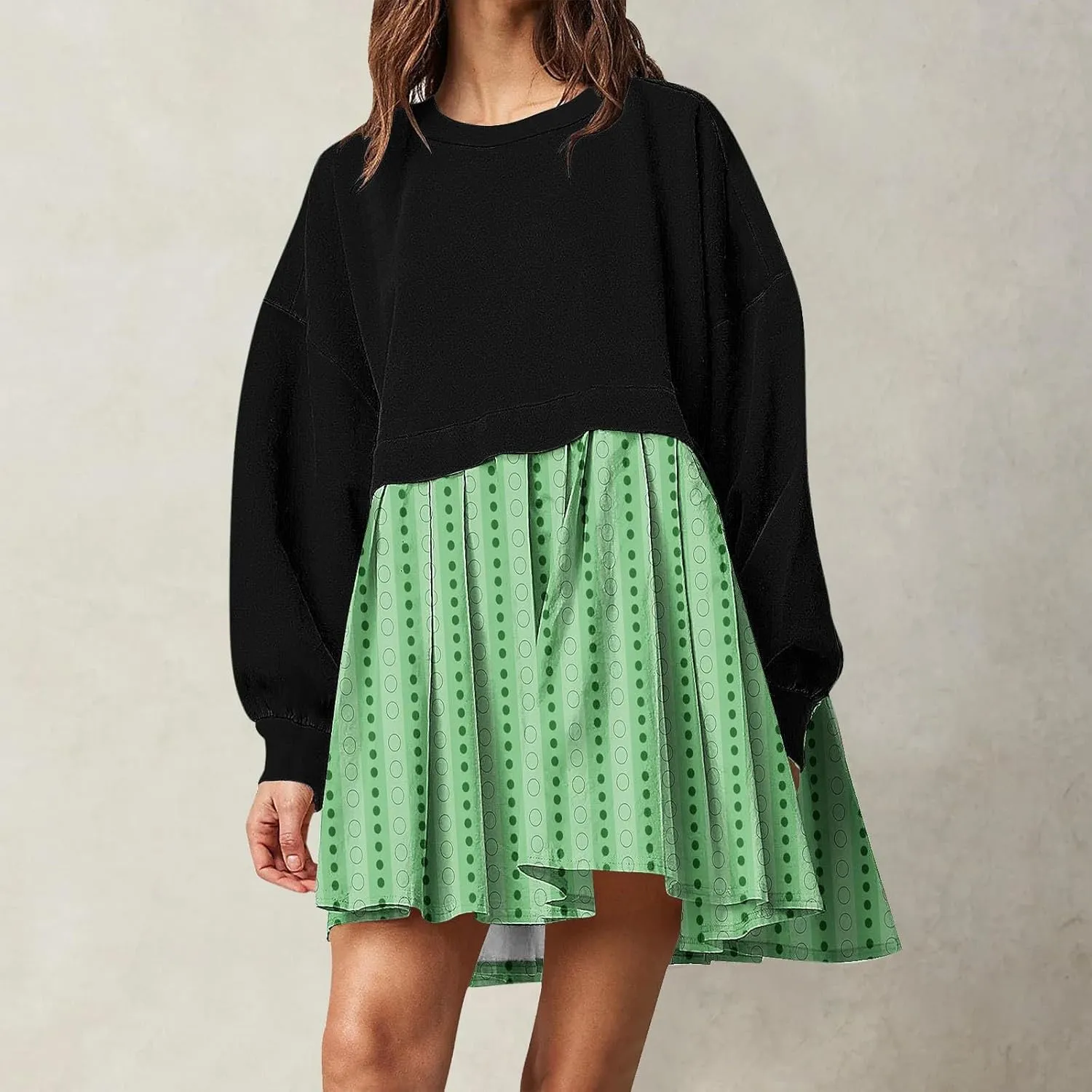 Women's Casual Dresses Womens Long Sleeve Dress Pleated Floral Crew Neck Flowy Swing A-Line Mini Dresses for Women