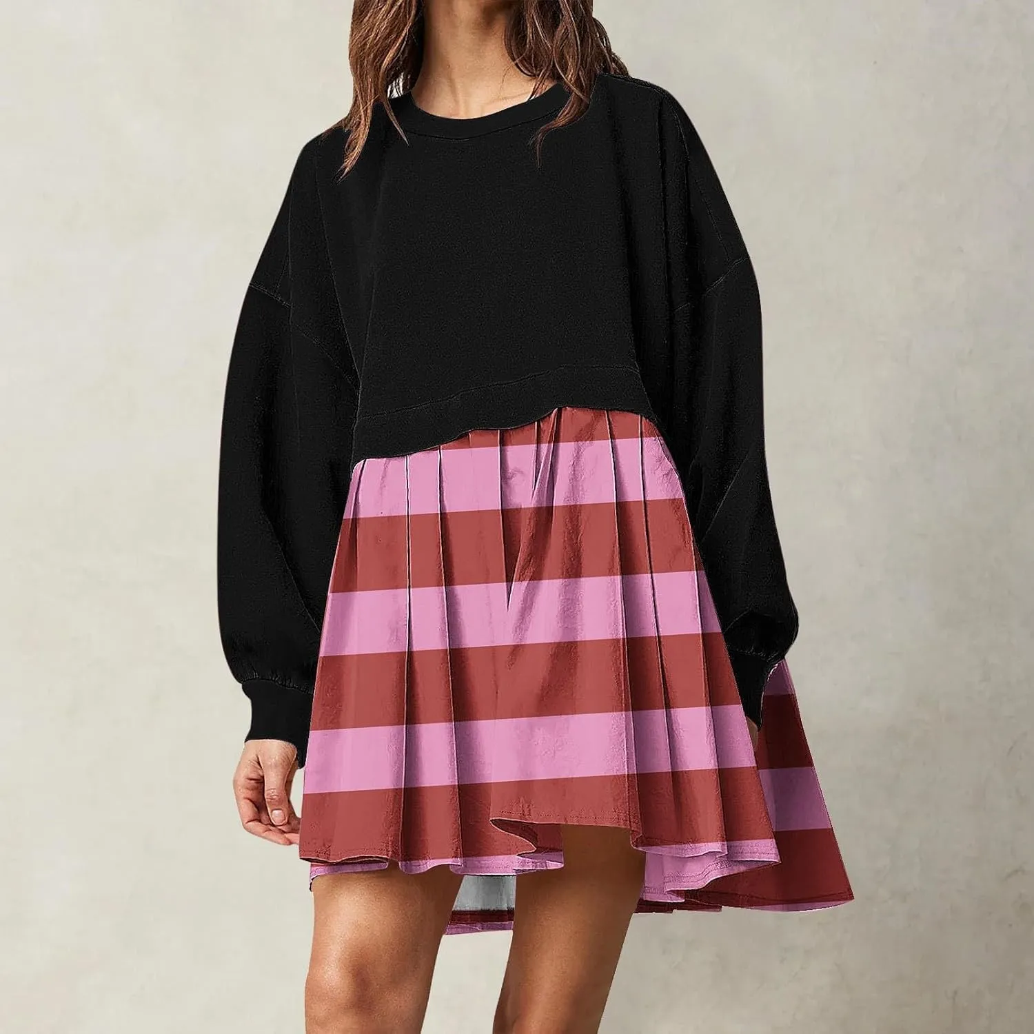 Women's Casual Dresses Womens Long Sleeve Dress Pleated Floral Crew Neck Flowy Swing A-Line Mini Dresses for Women