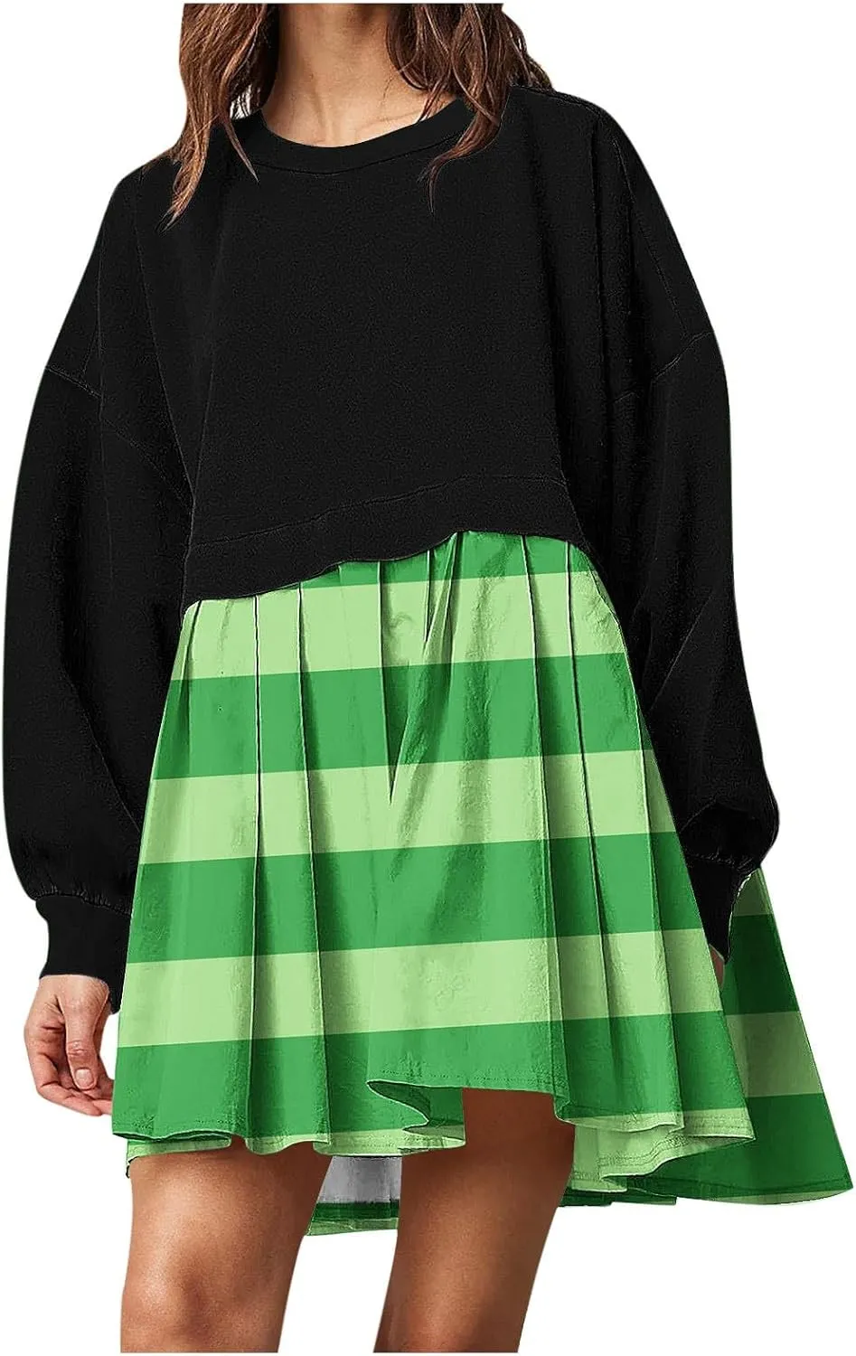 Women's Casual Dresses Womens Long Sleeve Dress Pleated Floral Crew Neck Flowy Swing A-Line Mini Dresses for Women