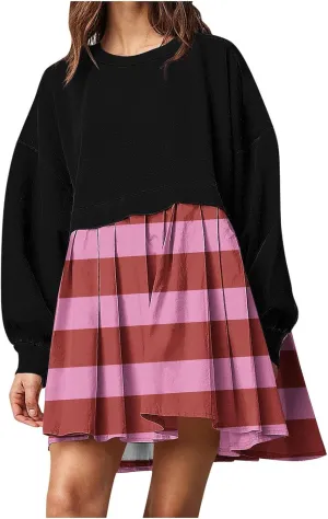 Women's Casual Dresses Womens Long Sleeve Dress Pleated Floral Crew Neck Flowy Swing A-Line Mini Dresses for Women