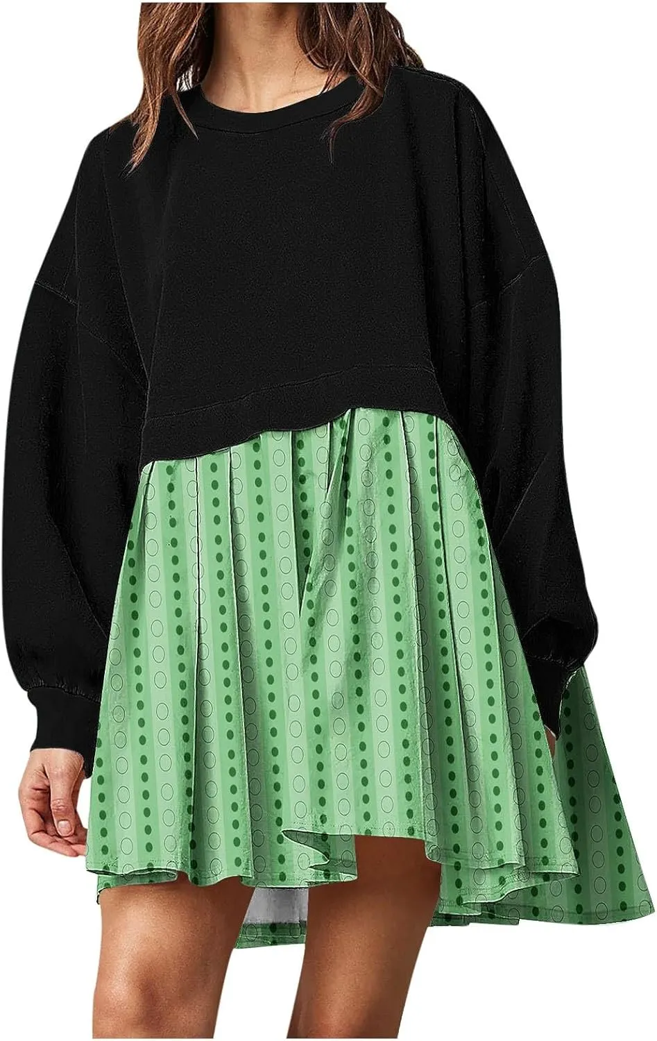 Women's Casual Dresses Womens Long Sleeve Dress Pleated Floral Crew Neck Flowy Swing A-Line Mini Dresses for Women