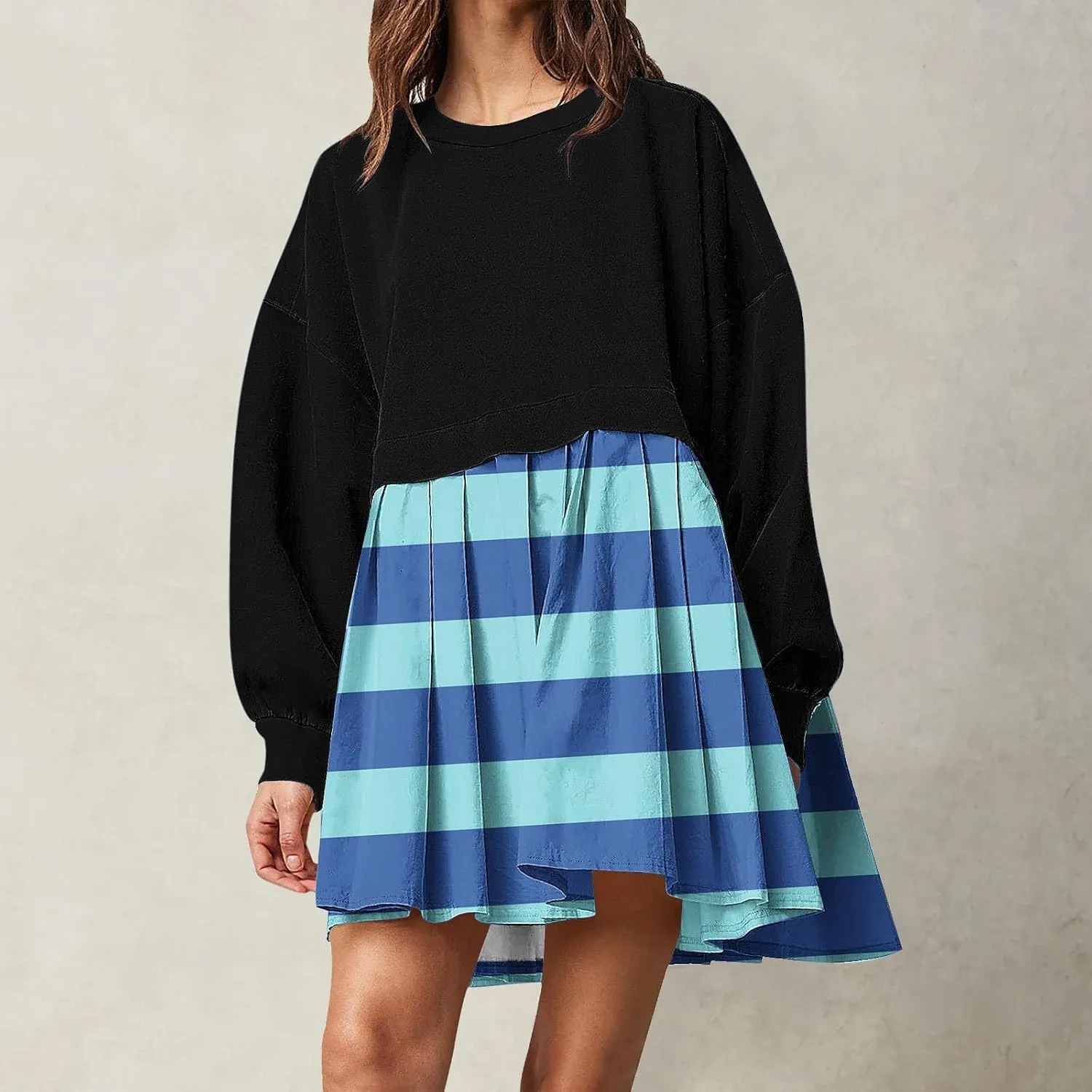 Women's Casual Dresses Womens Long Sleeve Dress Pleated Floral Crew Neck Flowy Swing A-Line Mini Dresses for Women