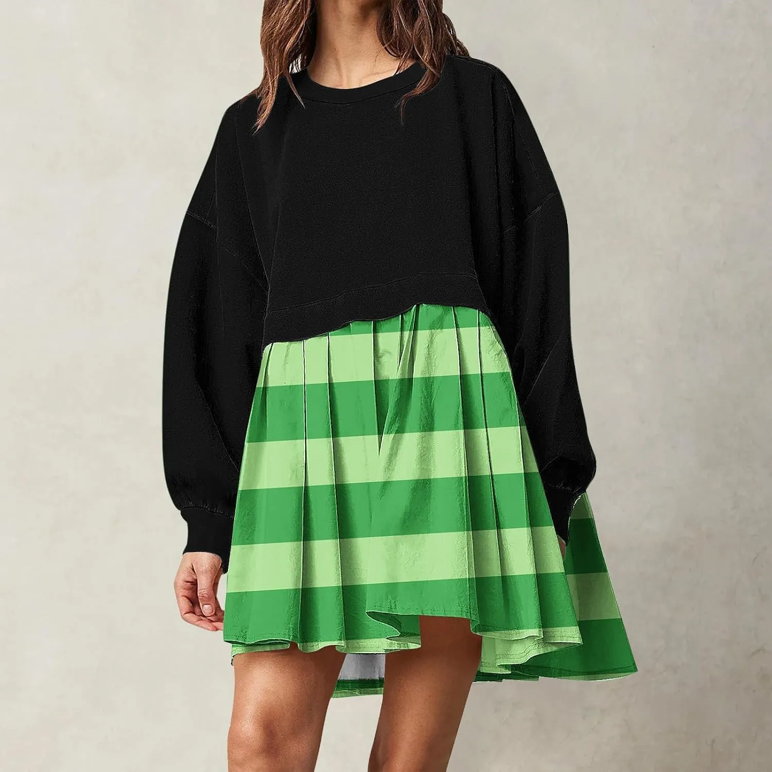 Women's Casual Dresses Womens Long Sleeve Dress Pleated Floral Crew Neck Flowy Swing A-Line Mini Dresses for Women