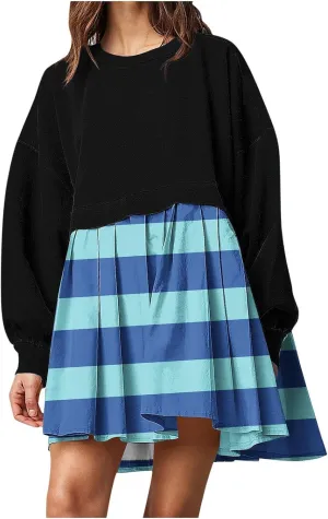 Women's Casual Dresses Womens Long Sleeve Dress Pleated Floral Crew Neck Flowy Swing A-Line Mini Dresses for Women