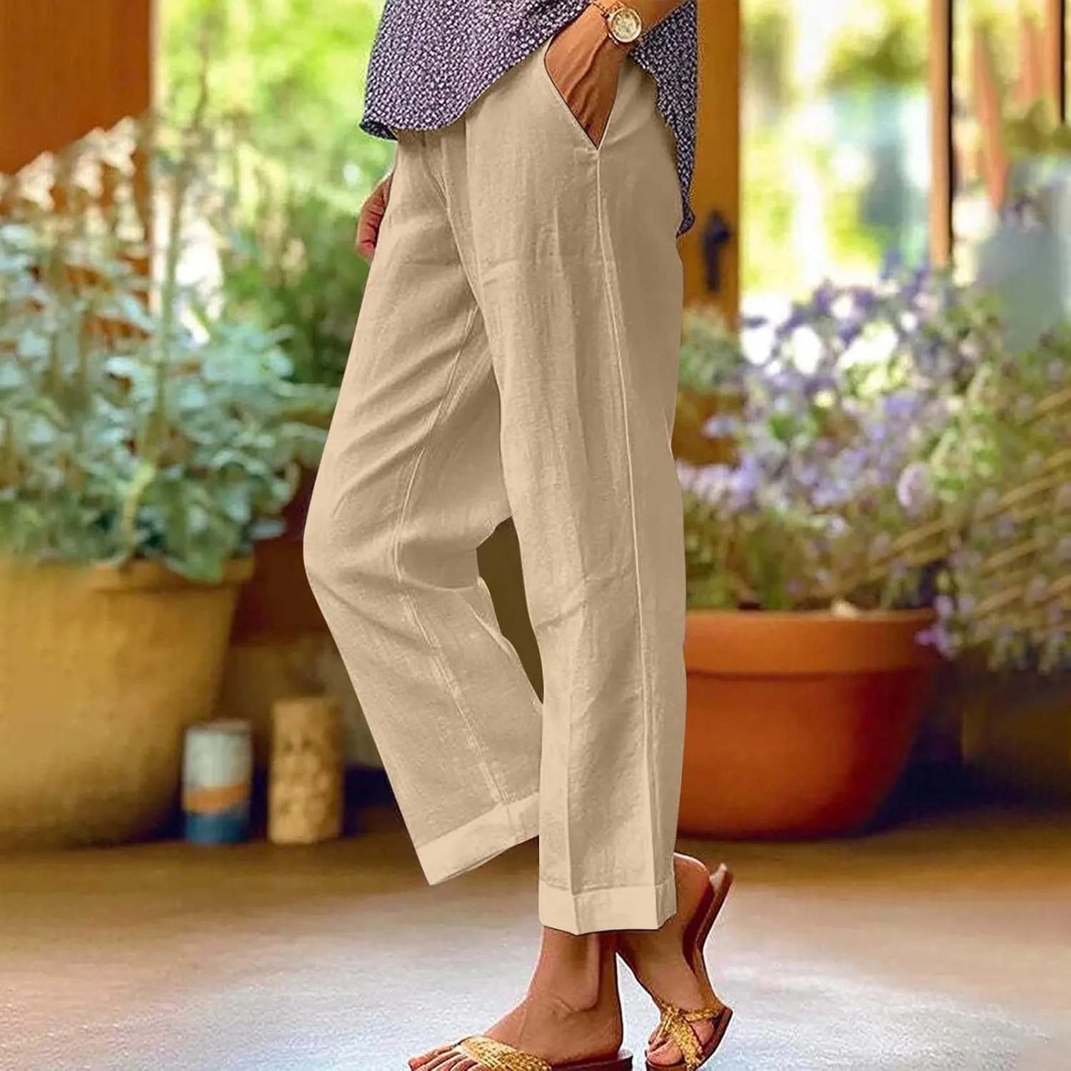 Women's Casual Linen Pants Baggy Elastic-Waisted Straight Leg Cropped Pants Cotton Lounge Trousers Loose Capri Pants
