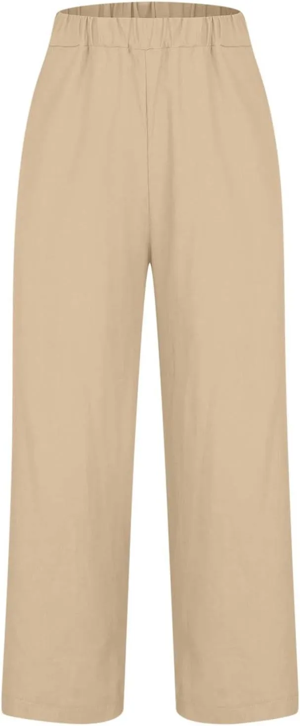 Women's Casual Linen Pants Baggy Elastic-Waisted Straight Leg Cropped Pants Cotton Lounge Trousers Loose Capri Pants