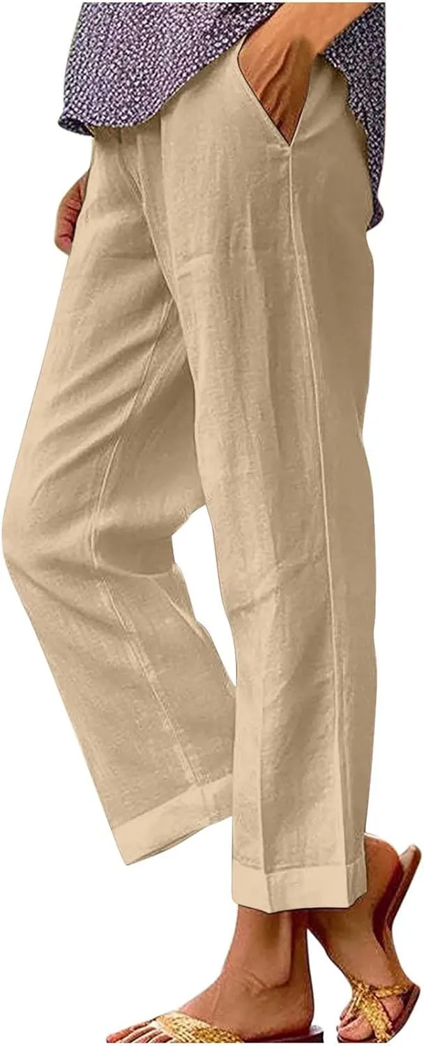 Women's Casual Linen Pants Baggy Elastic-Waisted Straight Leg Cropped Pants Cotton Lounge Trousers Loose Capri Pants