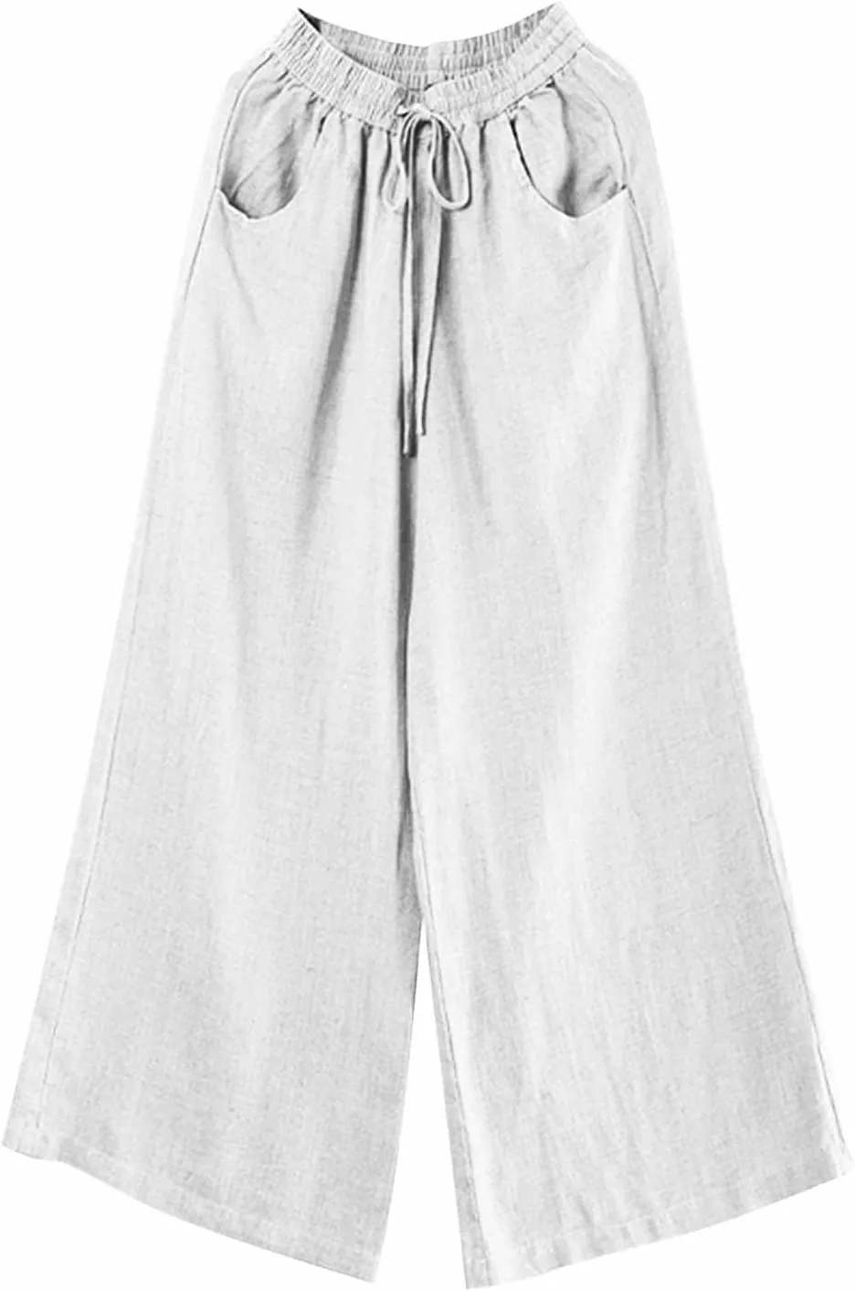 Women's Casual Solid Color Cotton Linen Pants Drawstring High Waisted Wide Leg Loose Fit Pocket Lounge Palazzo Trousers