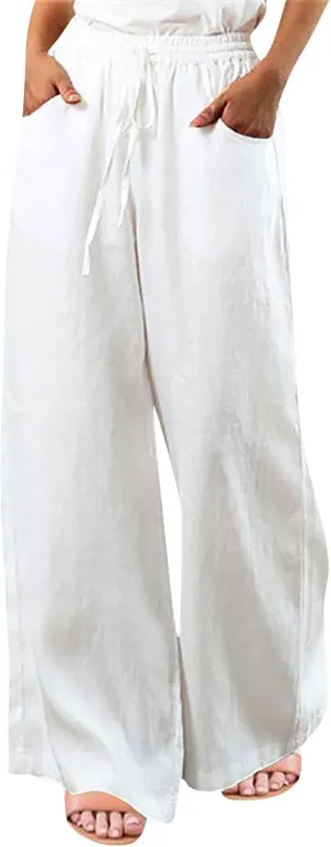 Women's Casual Solid Color Cotton Linen Pants Drawstring High Waisted Wide Leg Loose Fit Pocket Lounge Palazzo Trousers