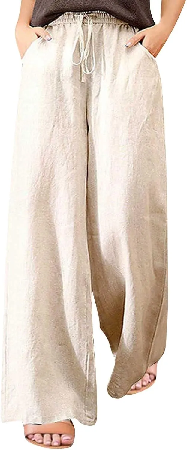 Women's Casual Solid Color Cotton Linen Pants Drawstring High Waisted Wide Leg Loose Fit Pocket Lounge Palazzo Trousers