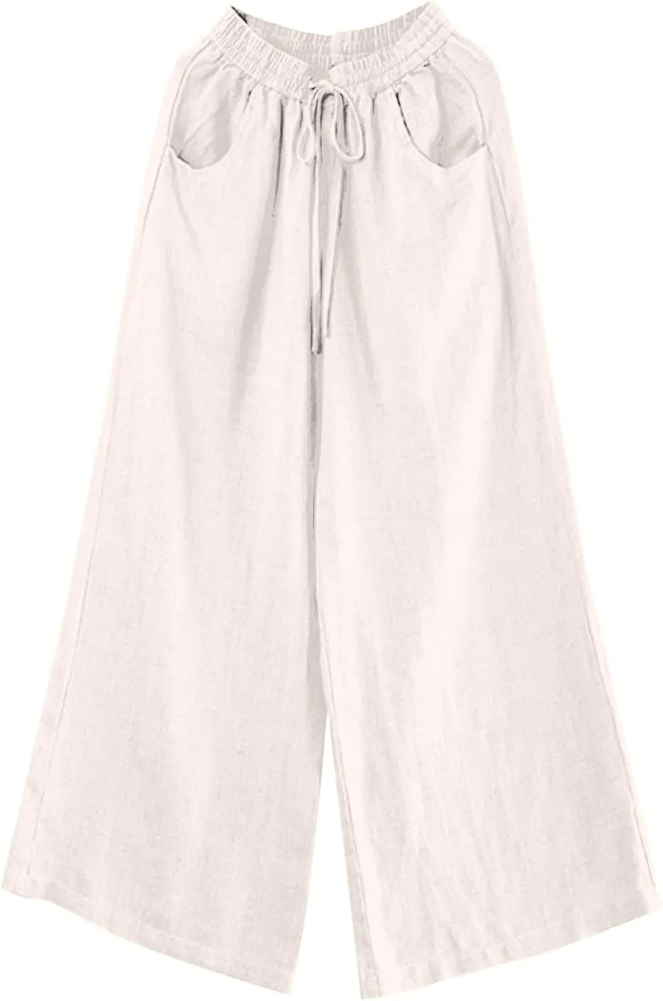 Women's Casual Solid Color Cotton Linen Pants Drawstring High Waisted Wide Leg Loose Fit Pocket Lounge Palazzo Trousers