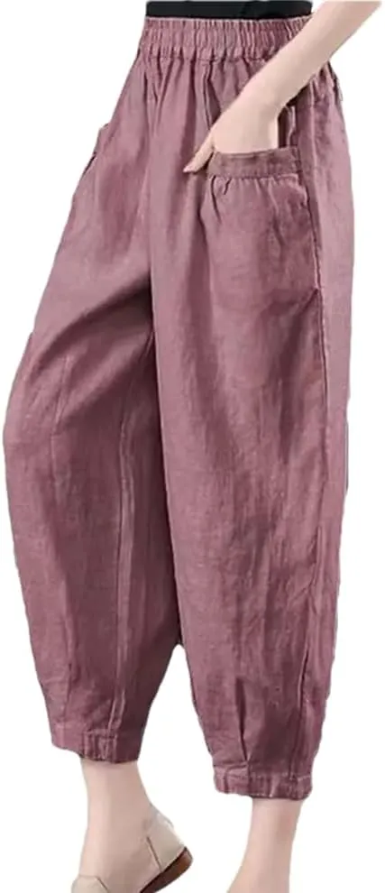Women's Cotton and Linen Casual Pants Loose Solid Color High Waist Pocket Harem Pants