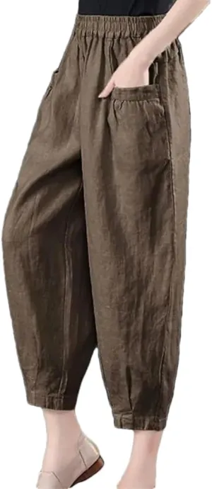 Women's Cotton and Linen Casual Pants Loose Solid Color High Waist Pocket Harem Pants