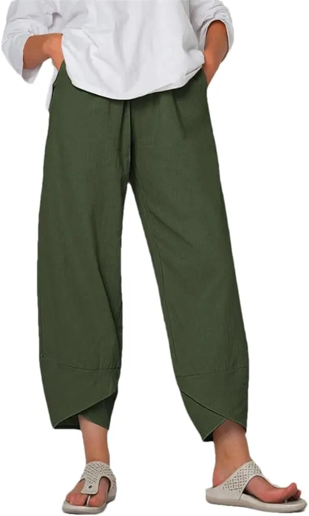 Women's Cotton and Linen Harem Pants Casual Solid Color Pocket High Waist Loose Wide Leg Pants