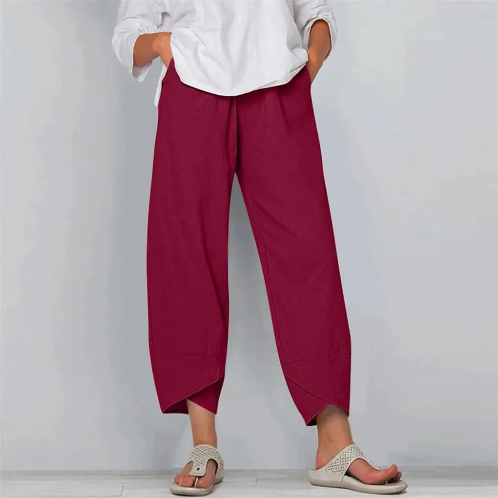 Women's Cotton and Linen Harem Pants Casual Solid Color Pocket High Waist Loose Wide Leg Pants
