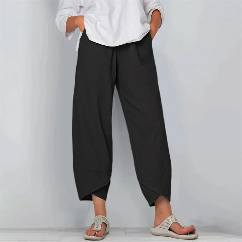 Women's Cotton and Linen Harem Pants Casual Solid Color Pocket High Waist Loose Wide Leg Pants