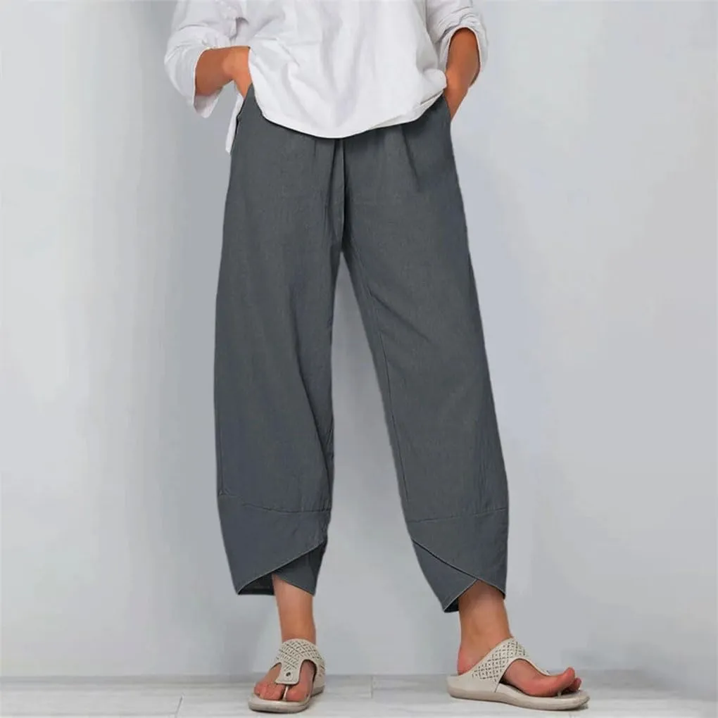 Women's Cotton and Linen Harem Pants Casual Solid Color Pocket High Waist Loose Wide Leg Pants