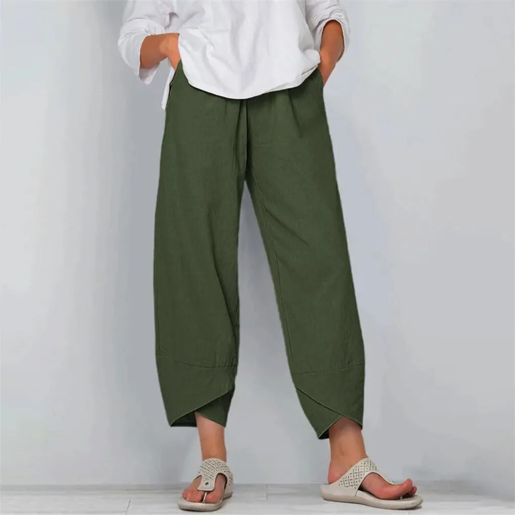 Women's Cotton and Linen Harem Pants Casual Solid Color Pocket High Waist Loose Wide Leg Pants