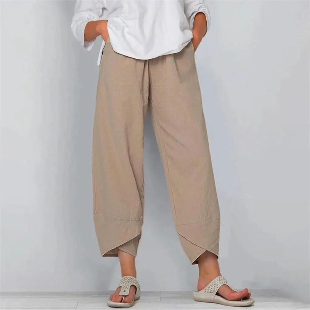 Women's Cotton and Linen Harem Pants Casual Solid Color Pocket High Waist Loose Wide Leg Pants