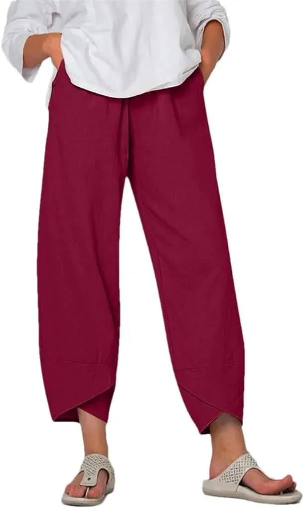 Women's Cotton and Linen Harem Pants Casual Solid Color Pocket High Waist Loose Wide Leg Pants