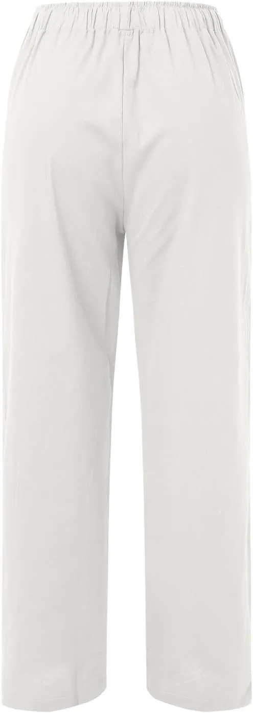 Womens Cotton Linen Pants Flowy High Waisted Wide Leg Pants Loose Fit Summer Beach Pants Casual Yoga Trousers with Pockets