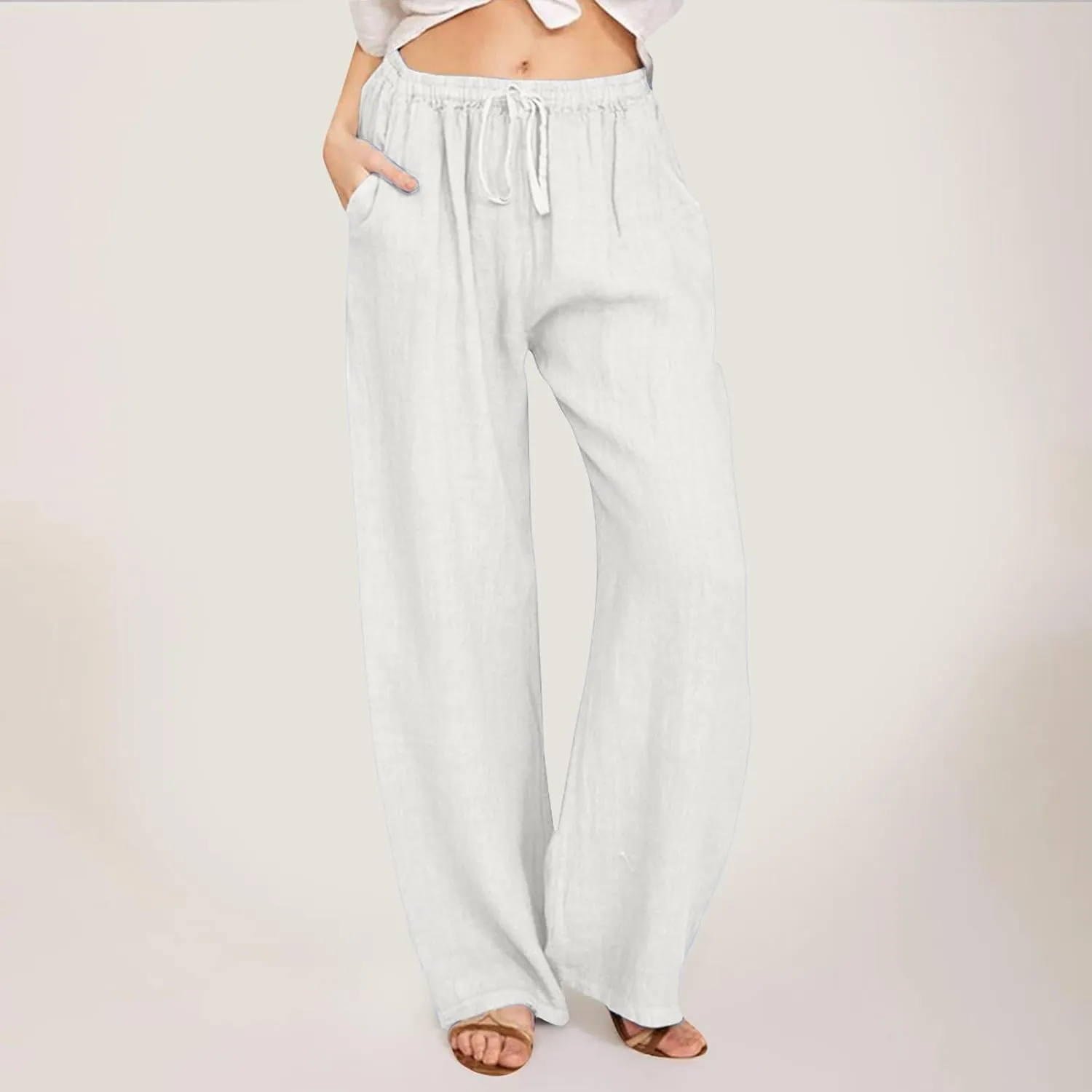 Womens Cotton Linen Pants Flowy High Waisted Wide Leg Pants Loose Fit Summer Beach Pants Casual Yoga Trousers with Pockets