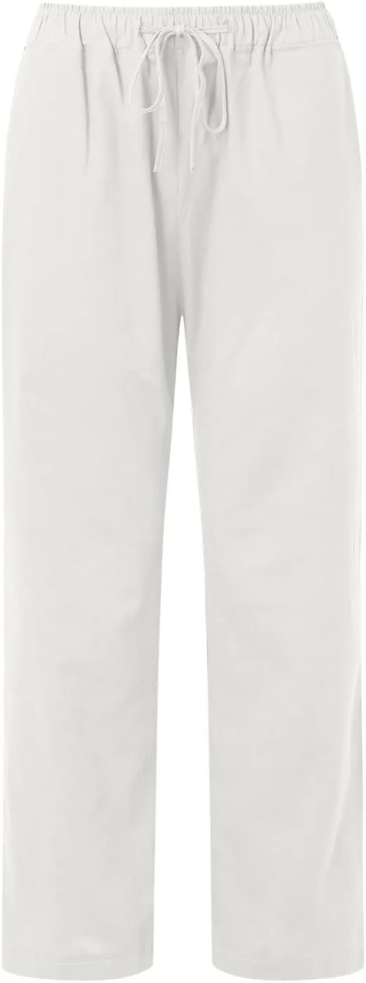 Womens Cotton Linen Pants Flowy High Waisted Wide Leg Pants Loose Fit Summer Beach Pants Casual Yoga Trousers with Pockets