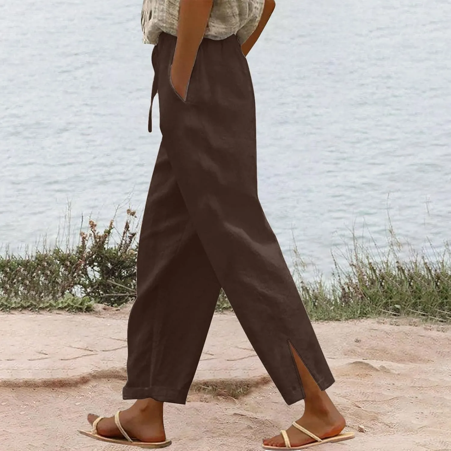 Womens Cotton Linen Pants Wide Leg Drawstring High Waist Casual Trousers Side Slit Beach Vacation Slacks with Pockets