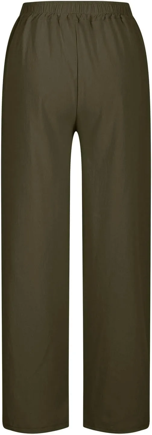 Womens Cotton Linen Pants Wide Leg Drawstring High Waist Casual Trousers Side Slit Beach Vacation Slacks with Pockets