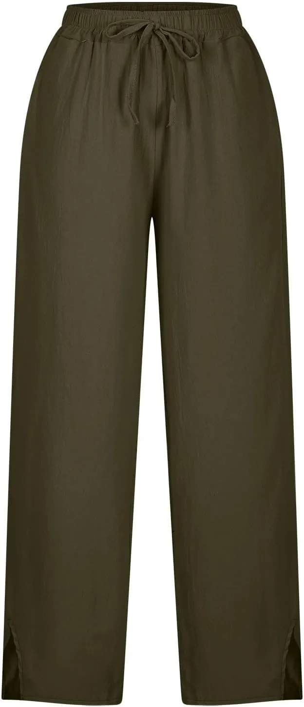 Womens Cotton Linen Pants Wide Leg Drawstring High Waist Casual Trousers Side Slit Beach Vacation Slacks with Pockets