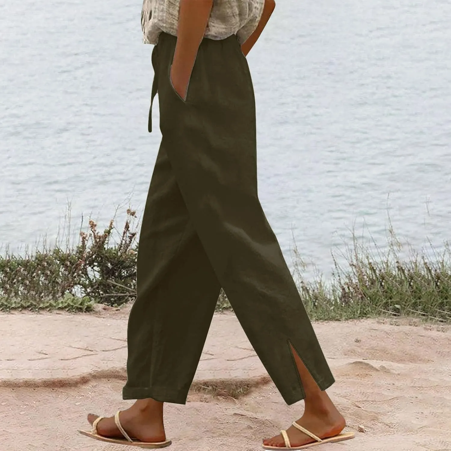 Womens Cotton Linen Pants Wide Leg Drawstring High Waist Casual Trousers Side Slit Beach Vacation Slacks with Pockets